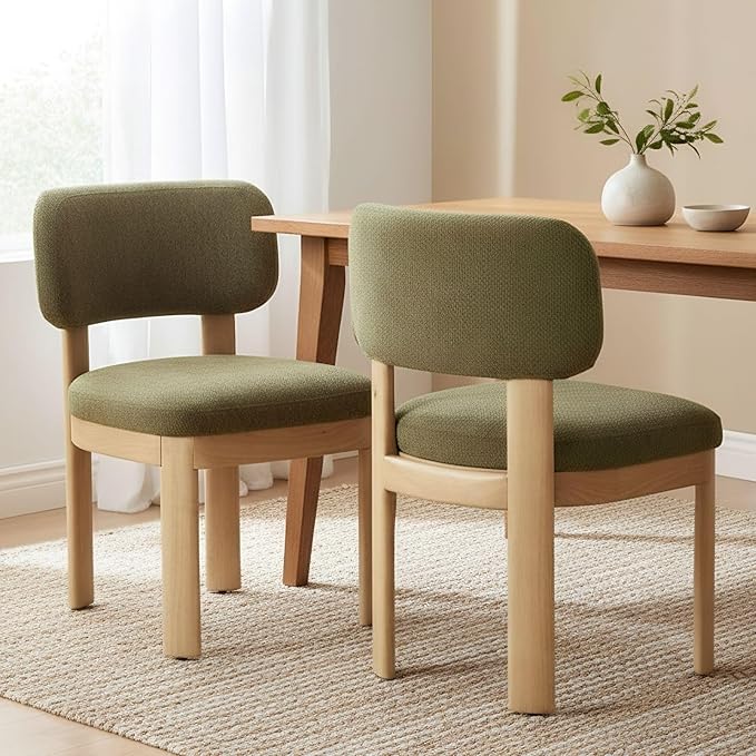 Green Upholstered Dining Chairs Set of 2 Chenille Fabric Dining Room Chairs Modern Barrel Kitchen Chairs with Curved Backrest and Wooden Legs