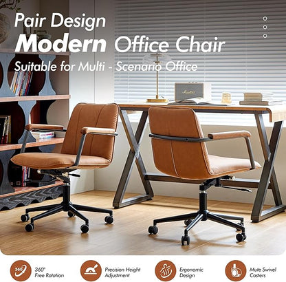 Home Office Desk Chair, Ergonomic Minimalist Faux Leather Swivel Chair with Oak Wood Armrests, Comfortable Task Chair for Computer or Study Room, 2 Pack, Camel Brown