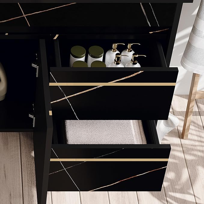 Goujxcy 35.4" Wall Mounted Bathroom Vanity with Sink, Modern Floating Bathroom Cabinet with Ceramic Sink & 2 Drawers, Wood Hanging Bath Room Cabinet with Soft-Close System (Black)