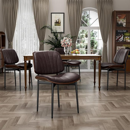 Dining Chairs Set of 8, Dining Room and Kitchen Chairs, Mid Century Modern Accent Chair, Upholstered PU Leather Chairs for Vanity with Walnut Bentwood and Metal Legs, Brown