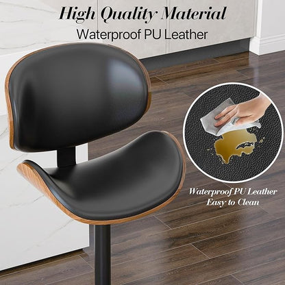 Adjustable Swivel Bar Stools 1 PC, Modern Bentwood Barstool with Large Metal Base and Footrest, PU Leather Upholstered Bar Chair with Curved Back for Kitchen Island Dining Room, Black
