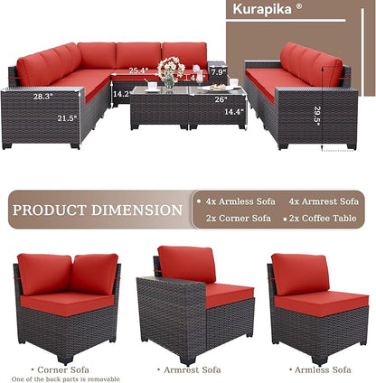 Kurapika 12 Pieces Patio Furniture Set, Rattan Wicker Outdoor Conversation Sets w/4 Inch Cushion and Glass Coffee Table(Red)
