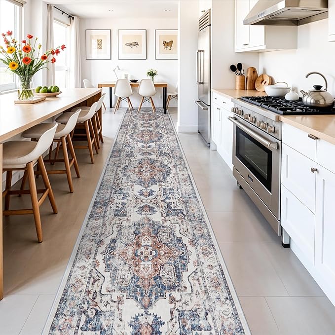 Washable 3x18 Hallway Runner Rug: Vintage Low Pile Soft Kitchen Entry Runner Long Non-Shedding Distressed Carpet for Living Room Dining Room Non Slip Thin Floor Mat for Bathroom Bedroom (3X18, Brick)