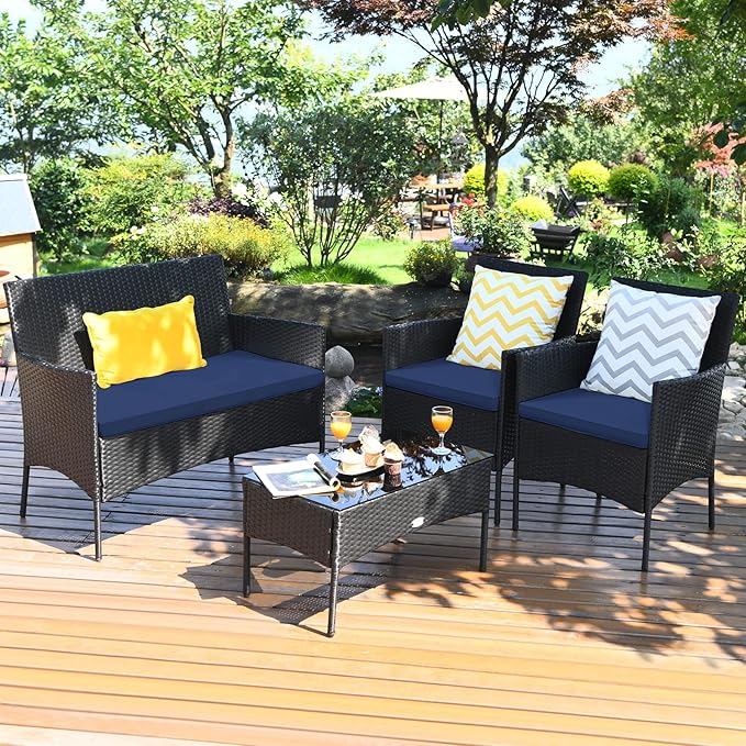 Tangkula 4 Pieces Patio Furniture Set, Outdoor Wicker Conversation Set with Tempered Glass Tabletop, Rattan Sofa and Chairs Set with Off White & Navy Cushion Covers
