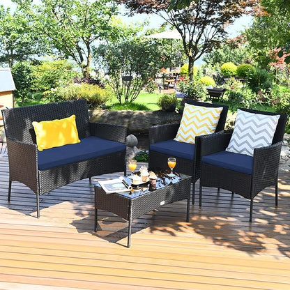 Tangkula 4 Pieces Patio Furniture Set, Outdoor Wicker Conversation Set with Tempered Glass Tabletop, Rattan Sofa and Chairs Set with Off White & Navy Cushion Covers