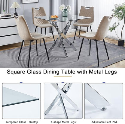 Henf 36'' Tempered Glass Dining Table for 2-4 People, Square Kitchen Table with Silver X-Base Metal Legs, Adjustable Feet, Glass Desk for Small Space, Clear Square Dining Room Table for 4