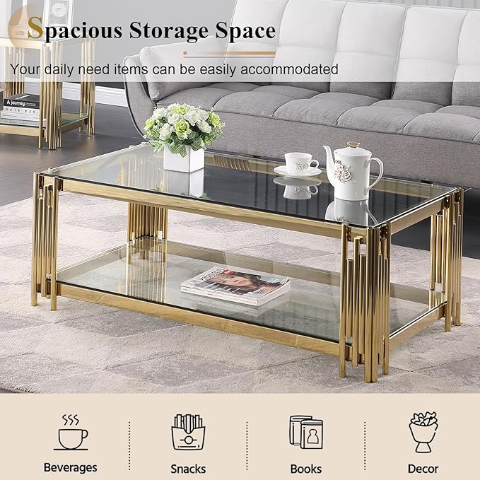 48" Rectangular Glass Coffee Table, Luxury 2-Tier Center Table with Storage & Gold Stainless Steel Frame, Modern Clear Glass Accent Coffee Cocktail Table for Living Room