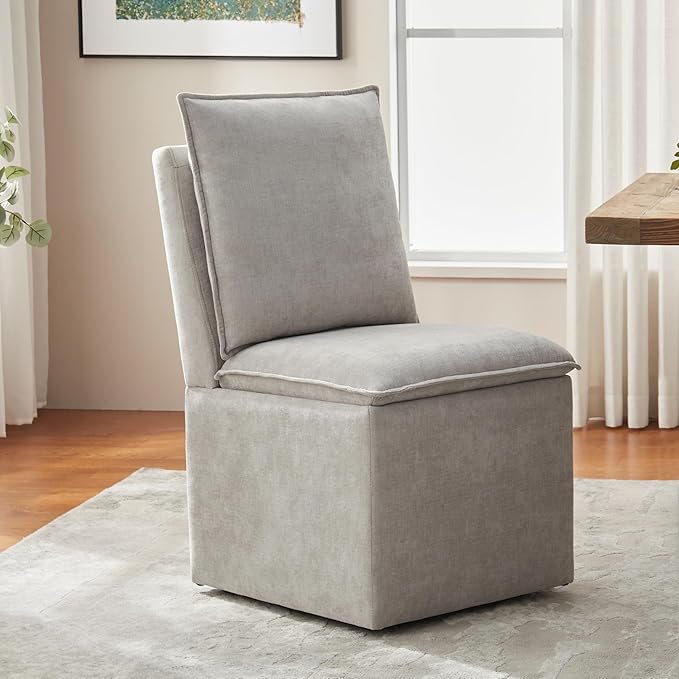VKNOW Upholstered Dining Chairs Set of 2, Modern Rolling Chairs with Storage and Wheels, Linen Armless Chair with Cushion and Backrest, Dining Room Chairs for Living Room Kitchen Bedroom, Light Grey