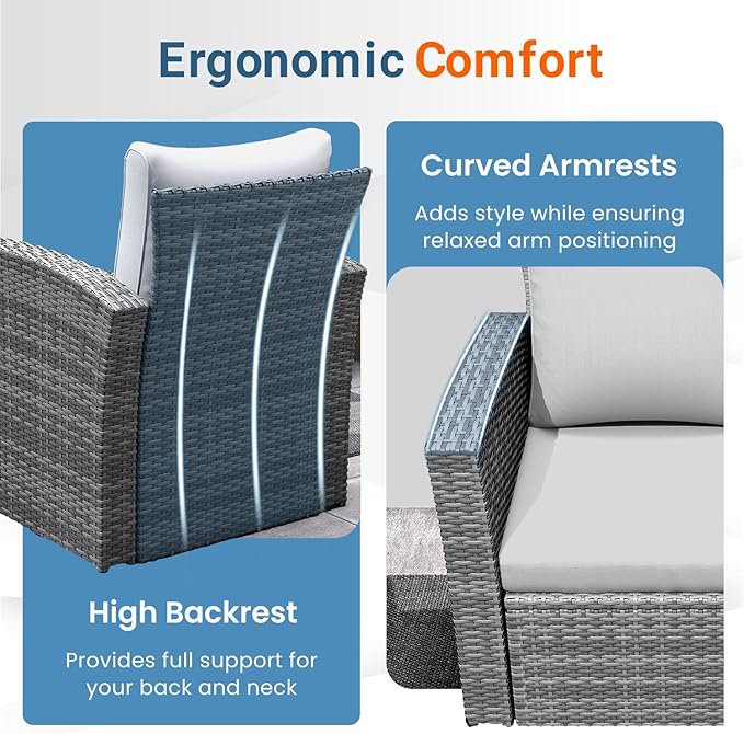 Wisteria Lane 4 Piece Patio Furniture Set, Wicker Outdoor Patio Conversation Furniture Set, All Weather Outdoor Patio Sofa with Cushion and Glass Table, Light Gray