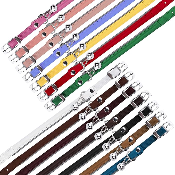 OOPSDOGGY Rolled Leather Cat Collar with Bell, Reflective Kitten Collars with Buckle Include Safety Elastic Strap - Adjustable Small Pet Collars for Boy Girl Cats (Lilac)