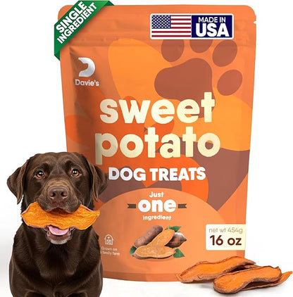 Davie's Sweet Potato Dog Treats - Healthy, Natural Dog Chews, Low Fat, 1 lb. Bag