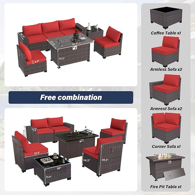 Kurapika 7 Pieces Patio Furniture Set, Rattan Wicker Outdoor Conversation Sets w/43in Propane Fire Pit Table and 4 Inch Cushion(Red)