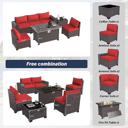 Kurapika 7 Pieces Patio Furniture Set, Rattan Wicker Outdoor Conversation Sets w/43in Propane Fire Pit Table and 4 Inch Cushion(Red)