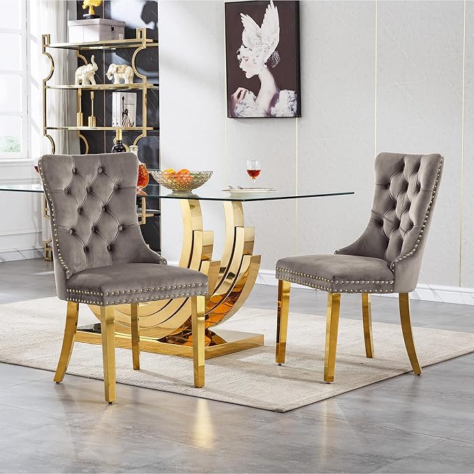 7 Piece Dining Table Set with 6 Grey Dining Chairs, Modern Glass Kitchen Table and Chairs Set for 6, 70" Rectangle Gold Glass Pedestal Dining Room Tables with Ring-Shape Stainless Steel Base