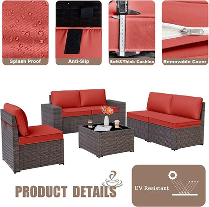 Kurapika 9 Pieces Patio Furniture Set, Rattan Wicker Sofa Set, Outdoor Conversation Sets w/Swivel Rocking Chairs Patio Sectional Sofa w/4 Inch Cushion, Red