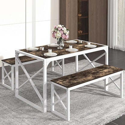 VECELO Kitchen Dining Table Benches Set for 4, 55" Wooden Dinette with 2 Benches, Heavy-Duty Dining Room Table for Small Space, Breakfast Nook, Dark Brown