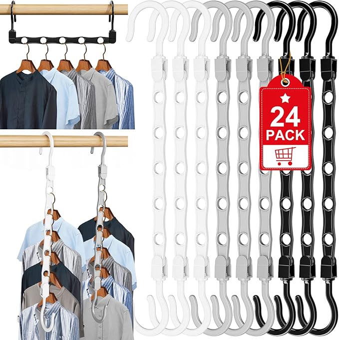 24 Pack Hangers Space Saving Magic Space Saver Storage Smart Plastic Clothes Hanger Organizer Closet Organizers and Storage for Closet Apartment College Dorm Room Essentials,Black White Grey
