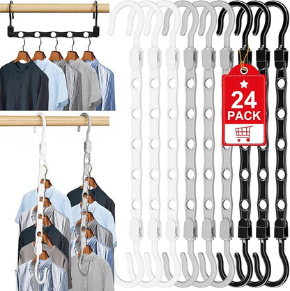 24 Pack Hangers Space Saving Magic Space Saver Storage Smart Plastic Clothes Hanger Organizer Closet Organizers and Storage for Closet Apartment College Dorm Room Essentials,Black White Grey