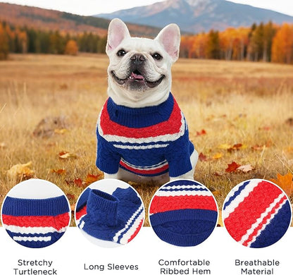 Dog Sweater for Small Medium Dogs & Cats, Classic Turtleneck Knitted Striped Pet Sweater, Warm Winter Soft Christmas Outfit for Boy & Girl Dogs, Large