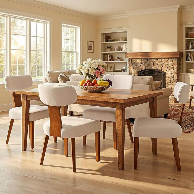 Dining Chairs Set of 4, Mid-Century Modern Upholstered Kitchen Chairs with Curved Backrest and Linen Fabric Seat, Wood Leg Accent Chairs for Dining Room, Living Room, Bedroom, Linen Beige