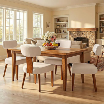 Dining Chairs Set of 4, Mid-Century Modern Upholstered Kitchen Chairs with Curved Backrest and Linen Fabric Seat, Wood Leg Accent Chairs for Dining Room, Living Room, Bedroom, Linen Beige