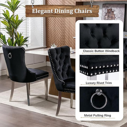 68" Faux Marble Dining Table Set for 6, 7-Piece Dining Set with White Silver Kitchen Table and 6 Velvet Tufted Chairs, Modern Rectangular Dining Room Tables with Column-Shape Stainless Steel Base