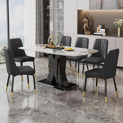 Modern Dining Table Set for 6, Marble Kitchen Table Chair Set for 6, Rectangular Kitchen Table with 6 Pu Leather Upholstered Chair for Dining Room