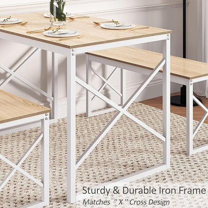 VECELO Kitchen Dining Table Benches Set for 4, 43.3" Wooden Dinette with 2 Benches, Heavy-Duty Dining Room Table for Small Space, Breakfast Nook, Natural Oak