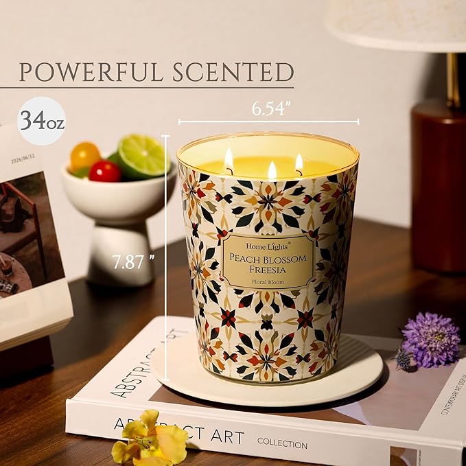 HomeLights 3-Wick Candles for Home Scented - 34oz Soy Wax Blend Candle Long-Lasting Fragrance, Bohemian Natural Textures Home Decor and Housewarming Gifts, Peach Blossom Freesia
