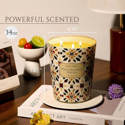 HomeLights 3-Wick Candles for Home Scented - 34oz Soy Wax Blend Candle Long-Lasting Fragrance, Bohemian Natural Textures Home Decor and Housewarming Gifts, Peach Blossom Freesia