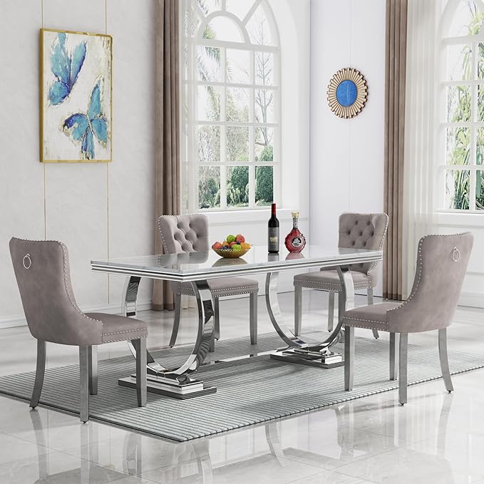 Goujxcy 5 Piece Marble Dining Table Set for 4, Luxury 70" White Marble Silver Kitchen Table with 4 Grey Velvet Upholstered Chairs, Modern 4 Person Dining Room Table Set for Kicken Dining Office Room