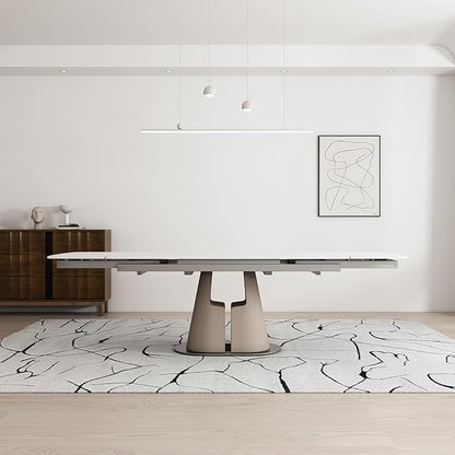 Modern Dining Table, Seats 8-10, Extendable Sintered Stone Dining Table, White Top, Saddle Leather Pedestal Table, 90 in.（1Table