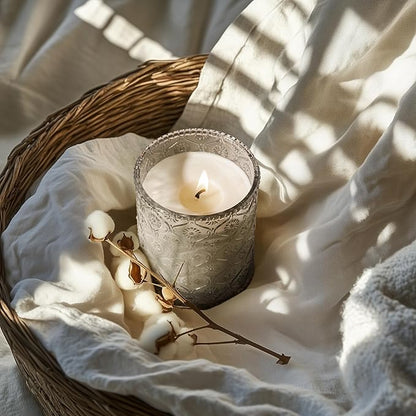 LA JOLIE MUSE Linen Cotton Oasis Scented Candle - Cotton, Jasmine & Warm Musk | 6 oz Natural Soy Wax | 40 Hours Clean Burn | Gift-Ready for Hosts, Gatherings | Elegant Home Décor