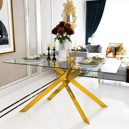 Goujxcy Gold Dining Table Set for 4, Glass Kitchen Table with Chair Set, Modern 51" Rectangle Glass Dining Table and 4 Grey PU Leather Chairs with Metal Frame for Kitchen Dining Room