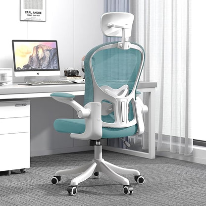 Ergonomic Office Chair with Adjustable Lumbar Support and Headrest, High Back Mesh Desk Chair for Home Office,Flip-Up Arms 90-120° Tilt Lock Rolling Swivel Task Chairs (White-Blue6065)
