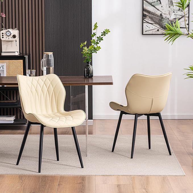 Kidol & Shellder Modern Dining Chairs Set of 2 Comfy Dining Room Chairs with Thick Cushions PU Leather Upholstered Kitchen Side Chairs with Metal Legs Beige