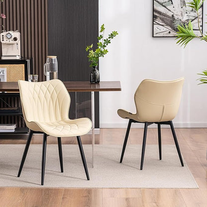 Kidol & Shellder Modern Dining Chairs Set of 2 Comfy Dining Room Chairs with Thick Cushions PU Leather Upholstered Kitchen Side Chairs with Metal Legs Beige