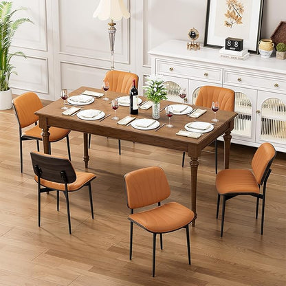 Dining Chairs Set of 4, Mid Century Modern Dining Room and Kitchen Chairs, Upholstered PU Leather Chairs with Walnut Bentwood and Metal Legs, Orange