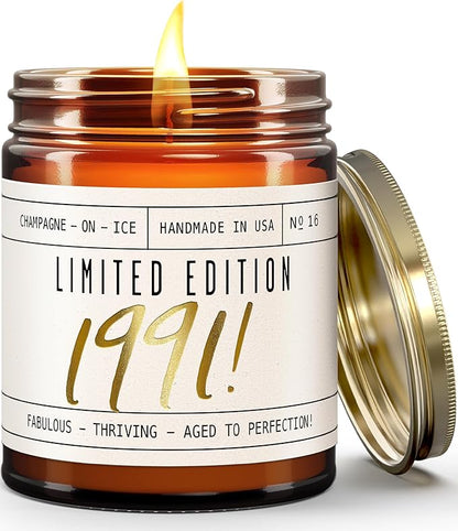 34th Birthday Gifts for Women - 'Limited Edition 1991' Soy Candle, w/Champagne on Ice I 34 Birthday Gifts for Women I 34th Gift for Her Ideas I 9oz Reusable Jar, 50Hr Burn, Made in USA