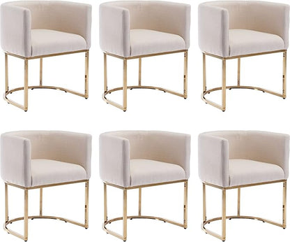 Linen Fabric Dining Chairs Set of 6 Modern Barrel Arm Chairs with Golden Frame, Upholstered Kitchen Chairs 18.5" Wide Accent Chairs for Living Room Dining Room Restaurant, Cream