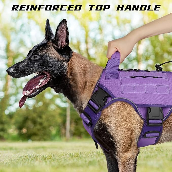 WINGOIN Purple Tactical Dog Harness for Large Dogs, Heavy Duty No Pull Dog Harness with Handle, Adjustable Reflective Military K9 Big Pet Vest for Husky, Doberman, Walking, Training, Hunting (XL)