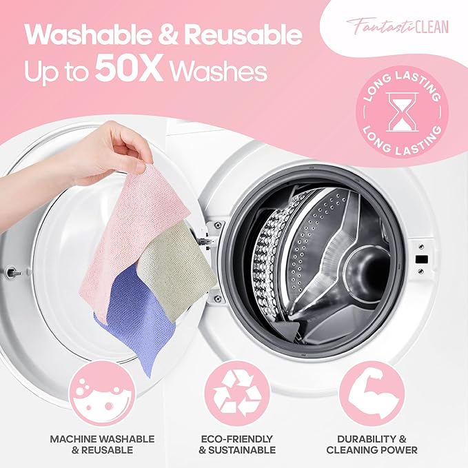 Fantasticlean Microfiber Cleaning Cloth Roll -60 Pack, Tear Away Paperless Towels, 8" x 8", Reusable Washable Rags, for House Kitchen, Pet, Office, Indoor Outdoor, Compact and Portable (Pink)