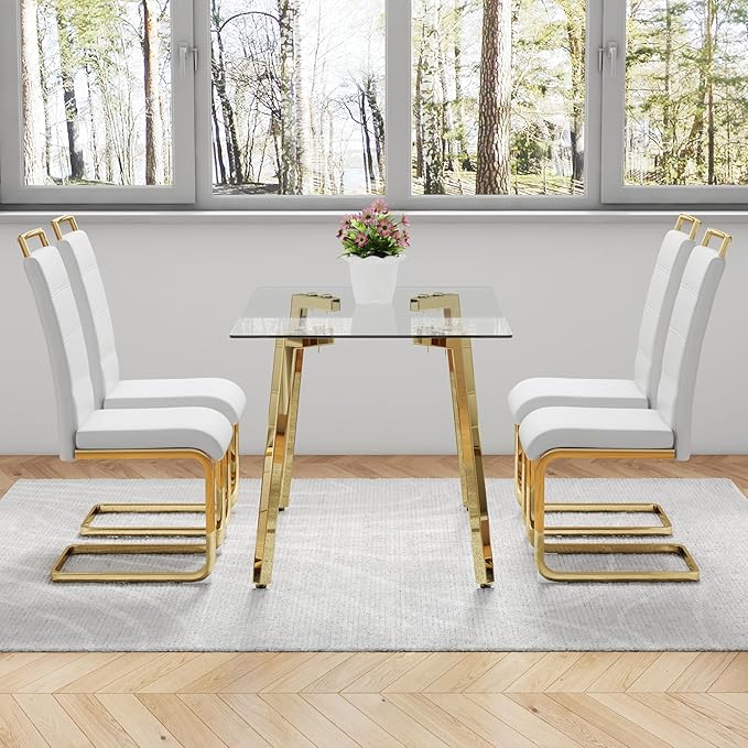 51" Glass Dining Table Set 4,Small Kitchen Room Dining Table Set 4 with Chairs,Tempered Glass Top with Gold Legs,Easy to Assemble,Dinette Breakfast Nook