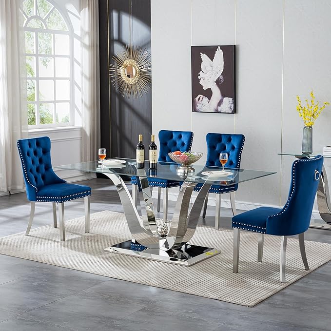 70" Modern Silver Glass Dining Table Set for 4, 5-Piece Rectangle Kitchen Dining Room Table Set with Steel Base & 4 Blue Velvet Upholstered Chairs, Modern Glass Kitchen Table and Chairs Set of 4