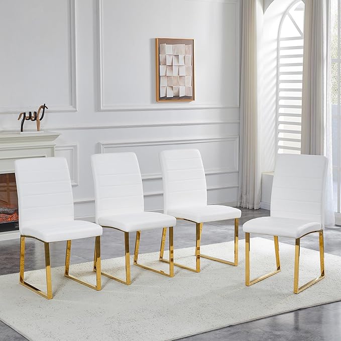 Modern Dining Chairs Set of 4, White Faux Leather Kitchen Chairs, Upholstered Armless Dining Room Chair with Gold Mental Legs Heavy Duty, Comfortable (White and Gold, Set of 4)