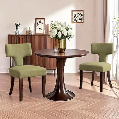 Mid Century Modern Dining Chairs Set of 2, Upholstered Side Dining Chairs with Curved Back Linen Fabric Armless Wood Chairs Kitchen & Dining Room Farmhouse Chairs (Green)