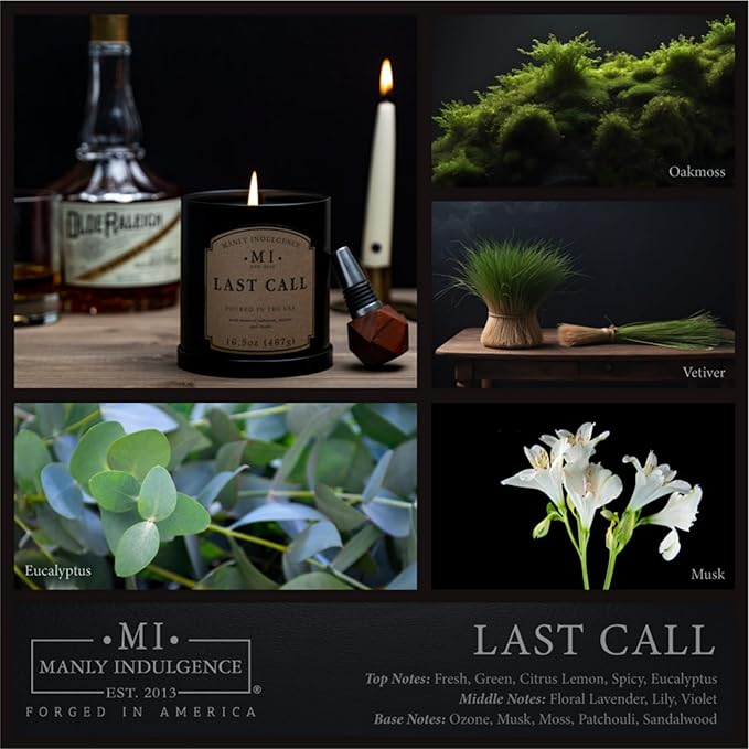 Manly Indulgence Last Call Scented Candles for Men, 16.5 oz Single Wick, Premium Soy Blend Wax, 60H Burn, Candles for Home Scented – Made in The USA