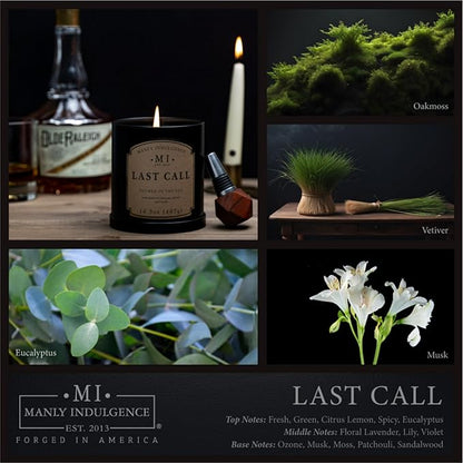 Manly Indulgence Last Call Scented Candles for Men, 16.5 oz Single Wick, Premium Soy Blend Wax, 60H Burn, Candles for Home Scented – Made in The USA