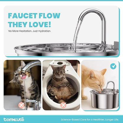 Tomxcute Cat Water Fountain, 3.2L/108oz Automatic Stainless Steel Pet Fountain Dog Water Dispenser, Ultra-Quiet Pump and 3 Replacement Filters & for Cats, Dogs, Multiple Pets