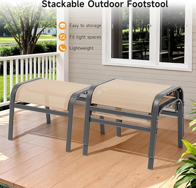 ONBRILL Outdoor Ottoman Set of 2, All Weather Outdoor Foot Stool with Supportive Textliene and Metal Frame, Stackable Oversized Outdoor Foot Rest for Furniture Patio Garden Pool, Beige